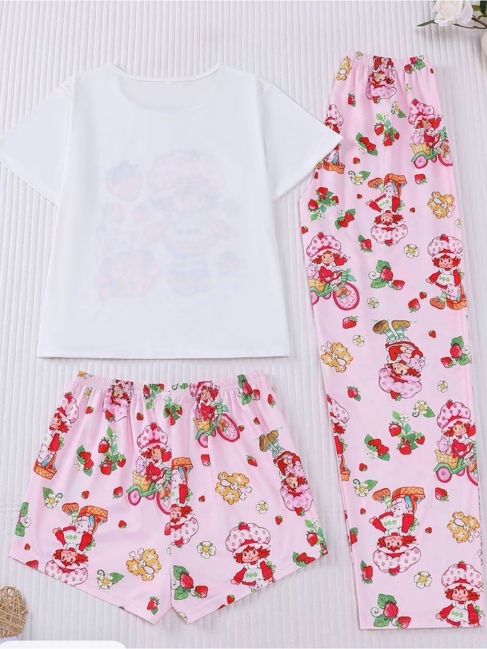 Women Strawberry Print Pink & White Pajama Set 3 pieces- size  XL 14 - Picture 2 of 6